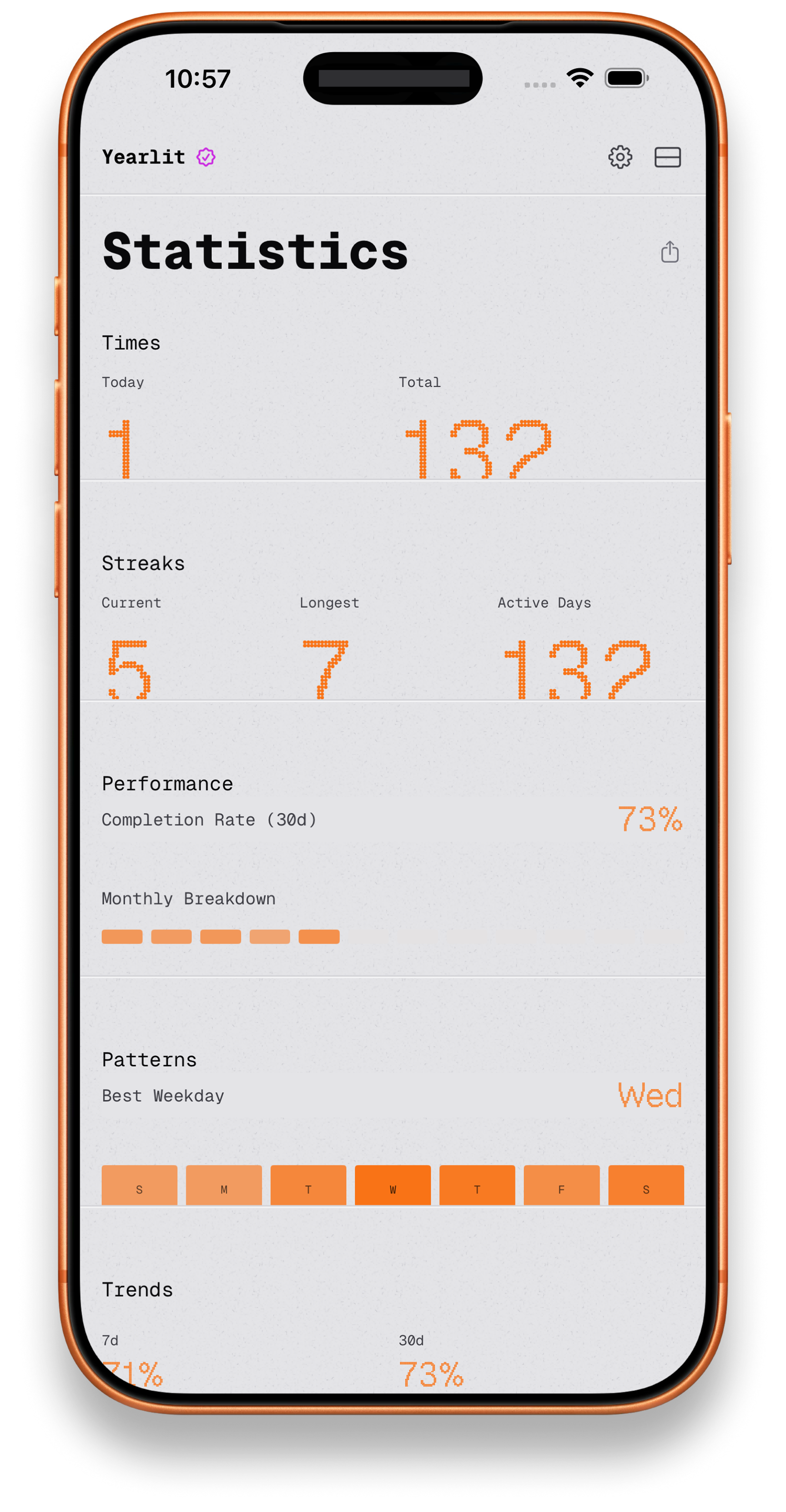 Yearlit habit statistics and streak patterns screen